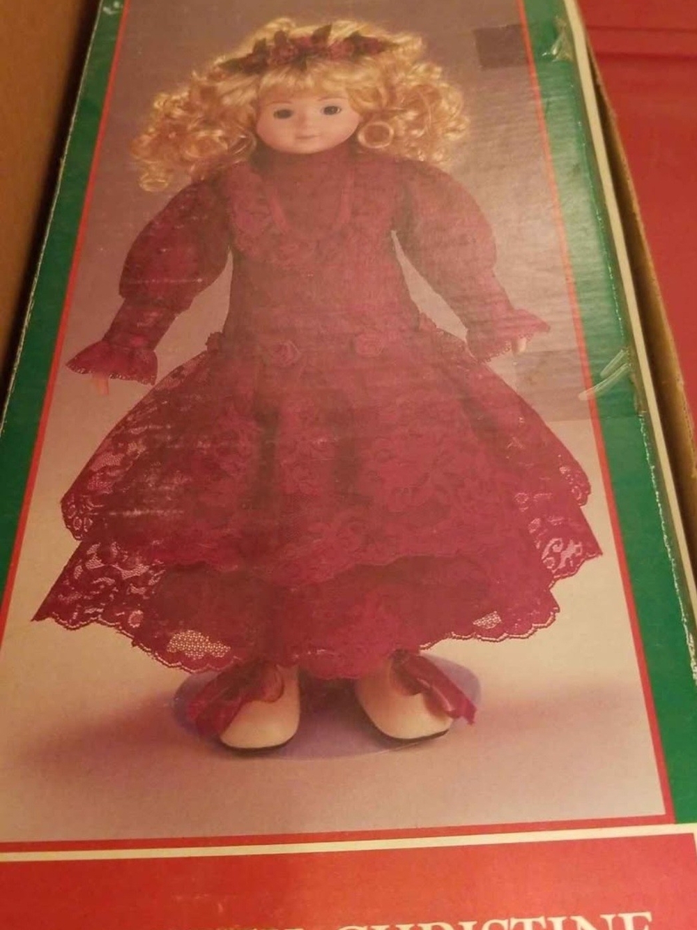 Vintage Doll in Burgundy Lace Dress - Vintage